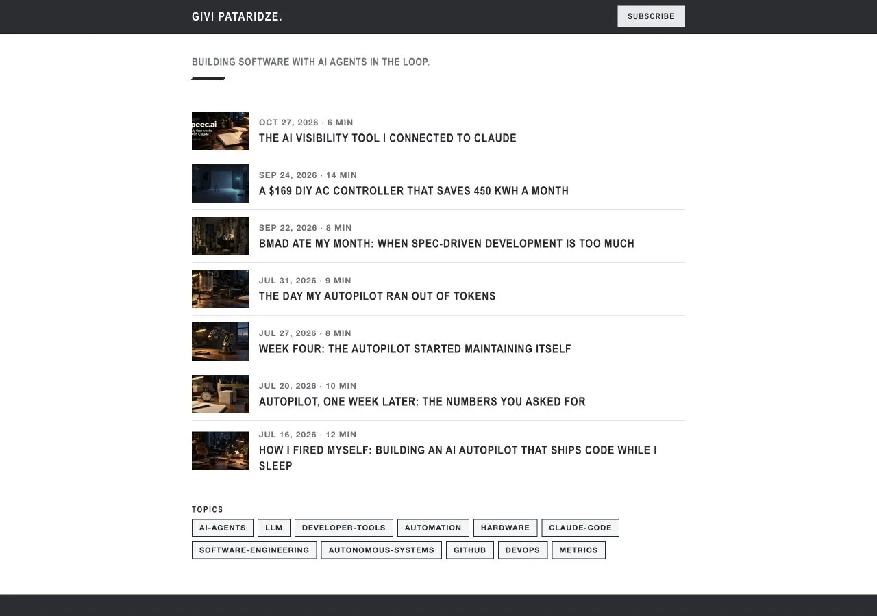 Author's blog homepage with a dark header, uppercase article headlines, small thumbnails, reading times, and topic tags.