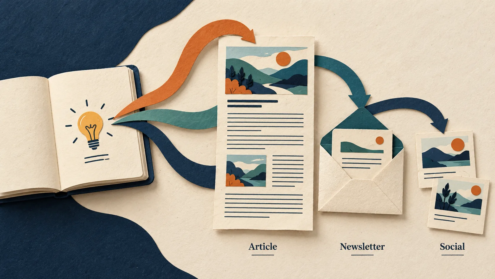 Paper-cut illustration of an idea becoming an article, a short newsletter, and separate social announcement cards.