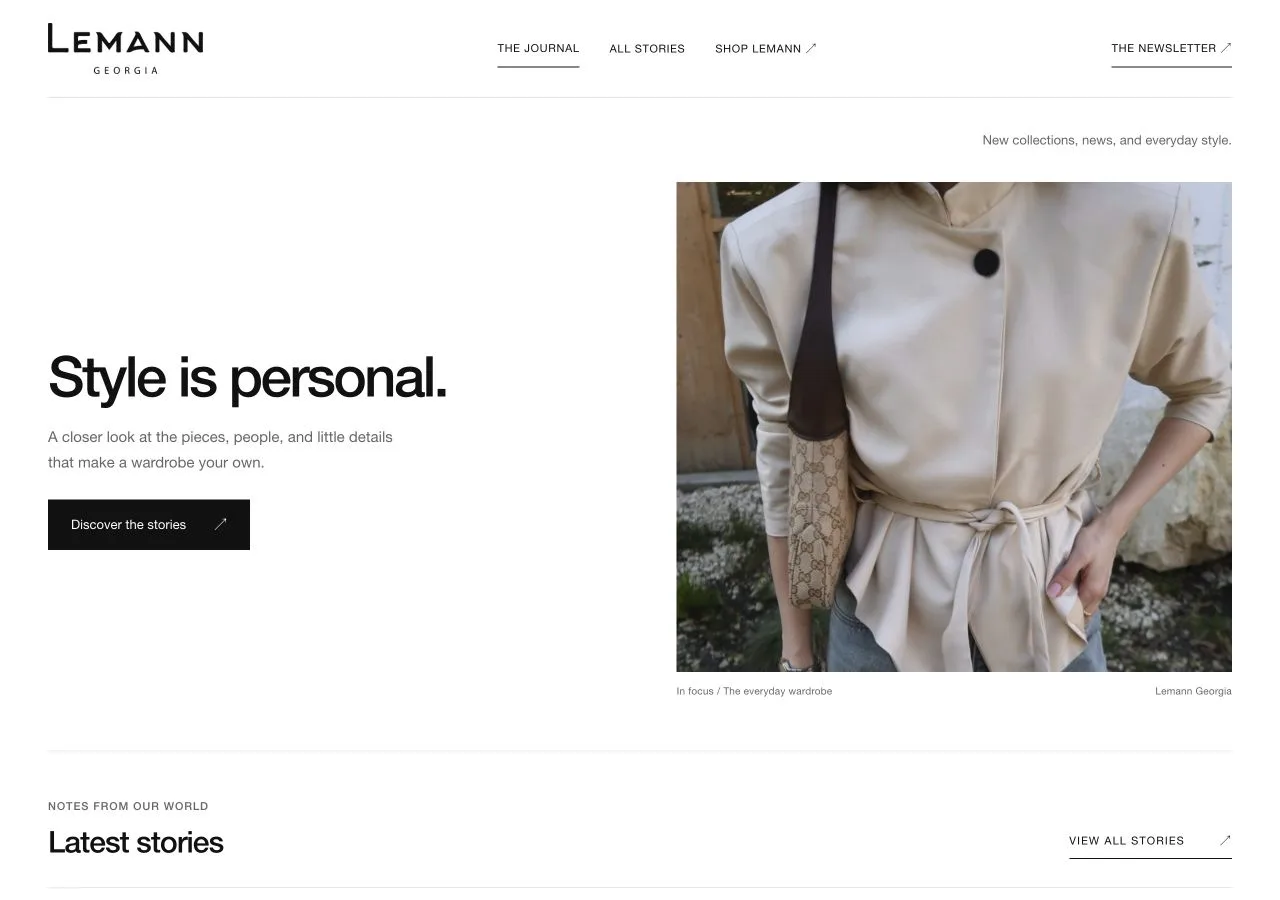 Lemann Fashion Journal homepage with a large fashion photograph, black typography, white space, and the headline Style is personal.