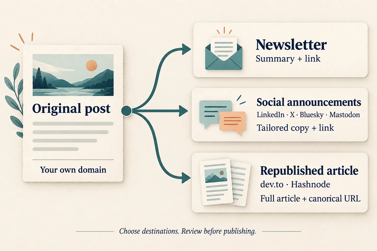 An original post on your domain branches into a newsletter summary and link, tailored social announcements and links, and full articles on dev.to and Hashnode with canonical attribution.