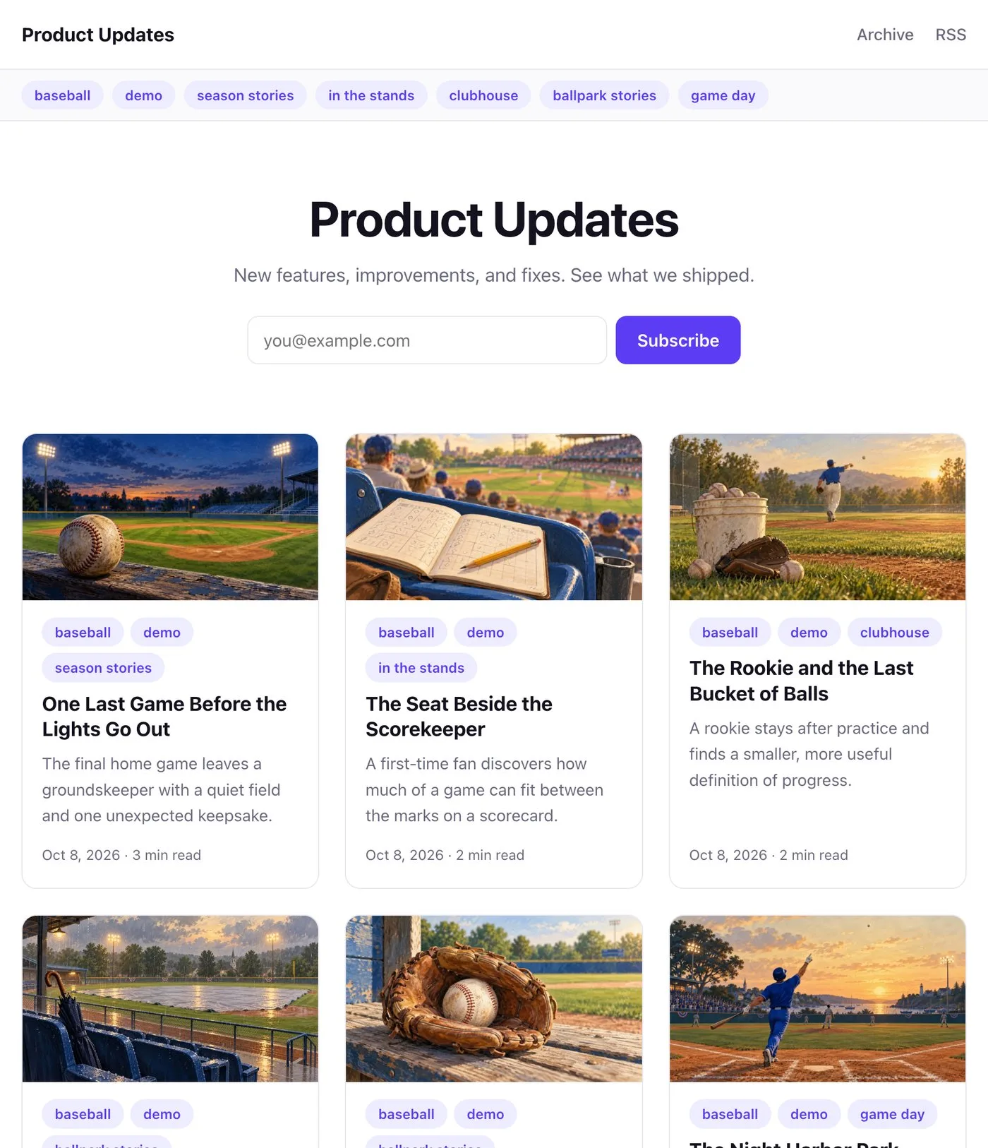 A clean blog called Product Updates with tag chips, a centered subscribe form, and post cards with cover images