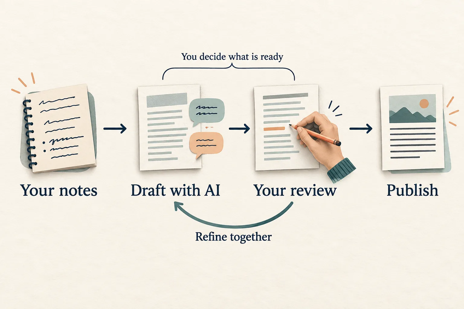 Your notes become a draft with AI, then pass through your review before publication. A return arrow connects review to drafting for further refinement.