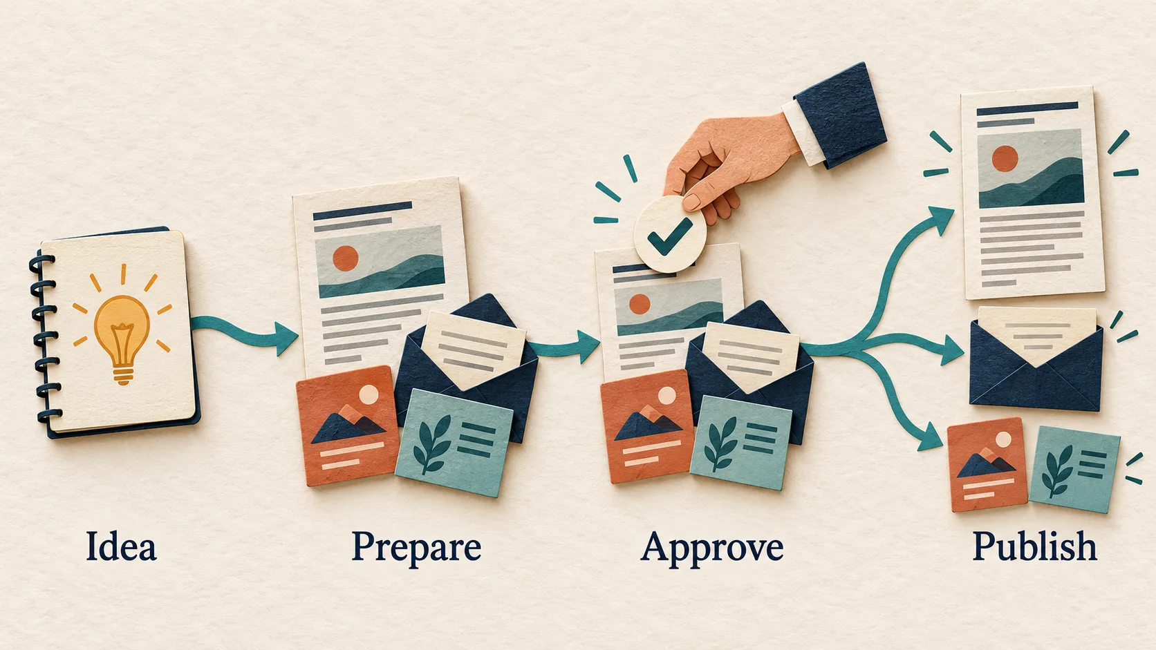 Paper-cut illustration of notes becoming an article, newsletter, and social cards, followed by a person's approval and publication to the chosen destinations.