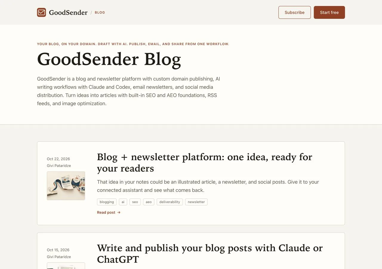 GoodSender Blog homepage with a cream background, large serif heading, rust-colored buttons, and illustrated article cards.