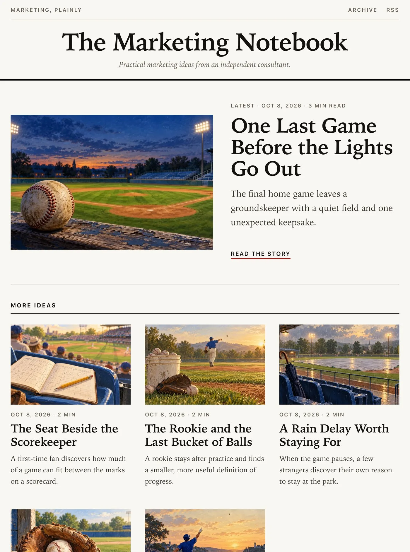 An editorial blog called The Marketing Notebook with serif headlines, a featured latest post, a three-column grid of posts, and a dark subscribe block