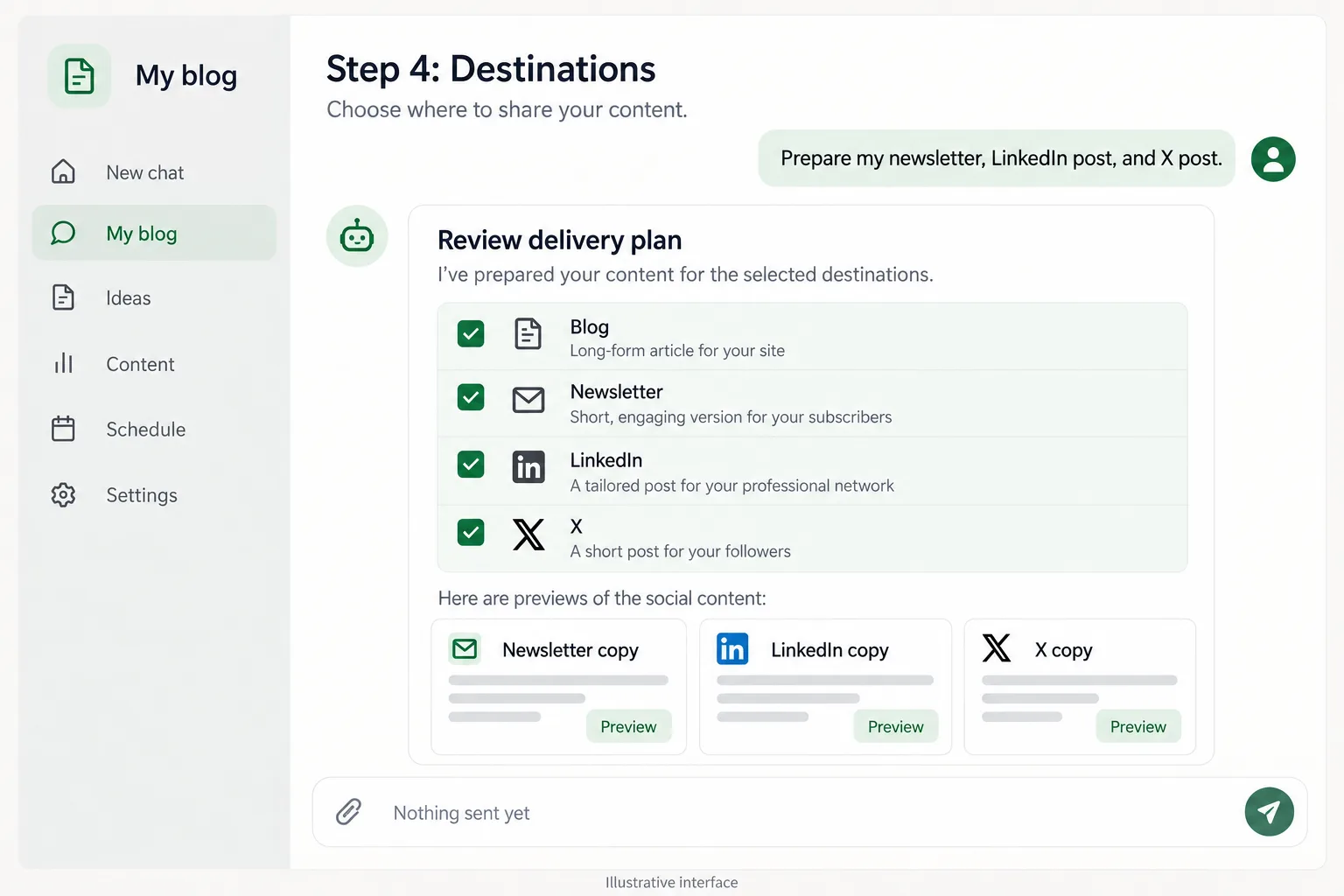 Illustrative review of blog newsletter LinkedIn and X destinations before sending