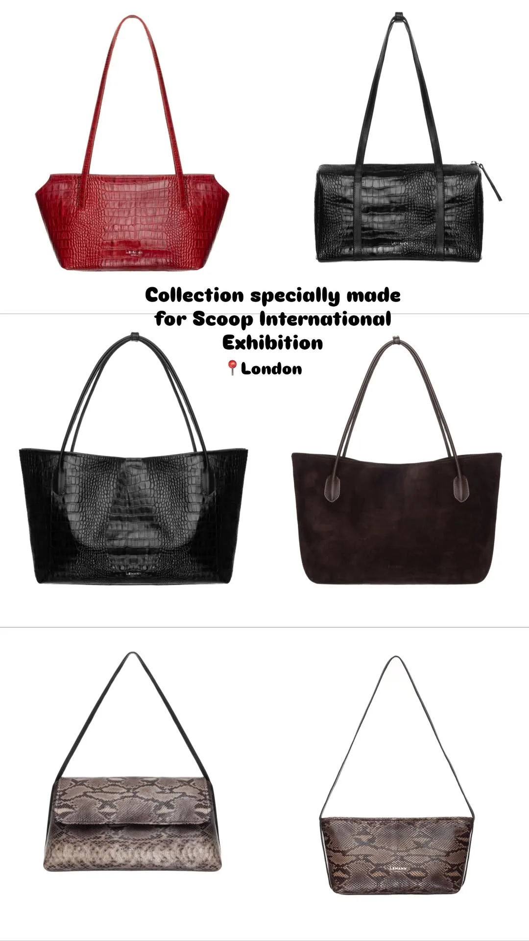 Six bags from Lemann’s Scoop London collection, arranged in three rows: burgundy and black shoulder bags, black and brown totes, and two patterned bags.