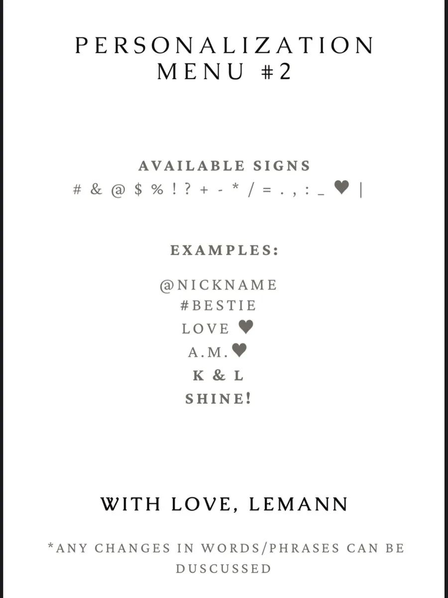 Lemann’s Personalization Menu number 2, showing available signs and examples including initials, a heart, and short phrases.