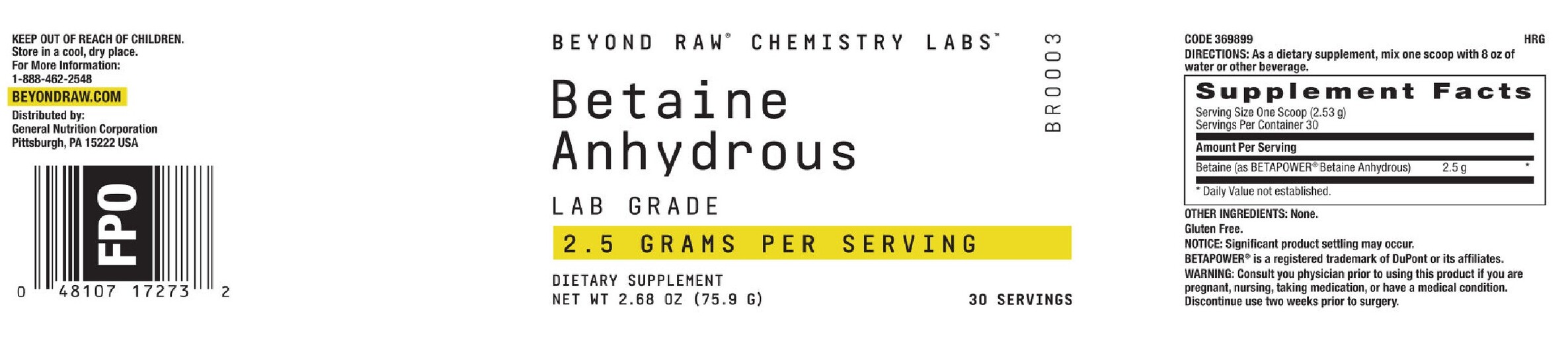 Betaine Anhydrous 2.5 grams