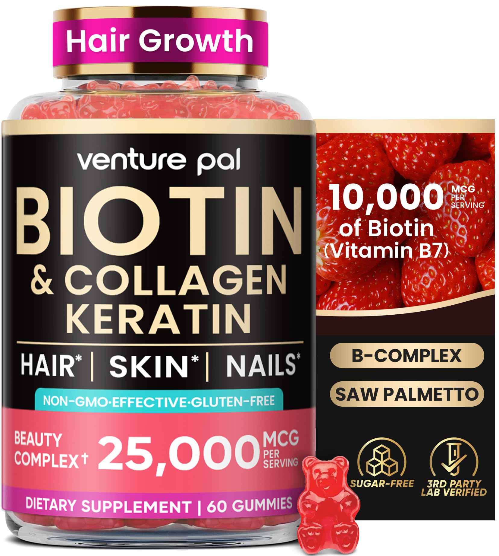 Venture Pal Biotin Gummies with Collagen & Keratin (Strawberry