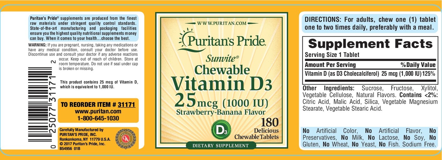 Puritan's Pride Chewable Vitamin D3 25 mcg (1000 IU) Strawberry-Banana