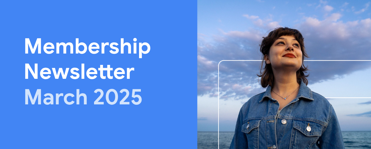 A bright blue banner with the text 'Membership Newsletter'. The banner also has a photo of a woman on the right with the WTM bracket.