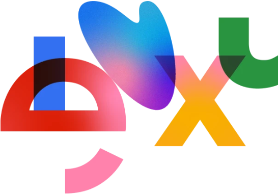 A graphic with overlapping abstract letters and shapes in red, blue, pink, yellow, green, and a gradient on a white background.