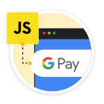 Digital icon featuring a yellow square with the letters 'JS', connected by a dotted line to a white oval containing the Google Pay 'G Pay' logo, all within a circular graphic on a gray background.