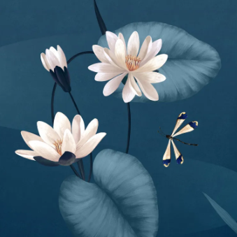 Illustration of white water lilies and a dragonfly on a blue background.