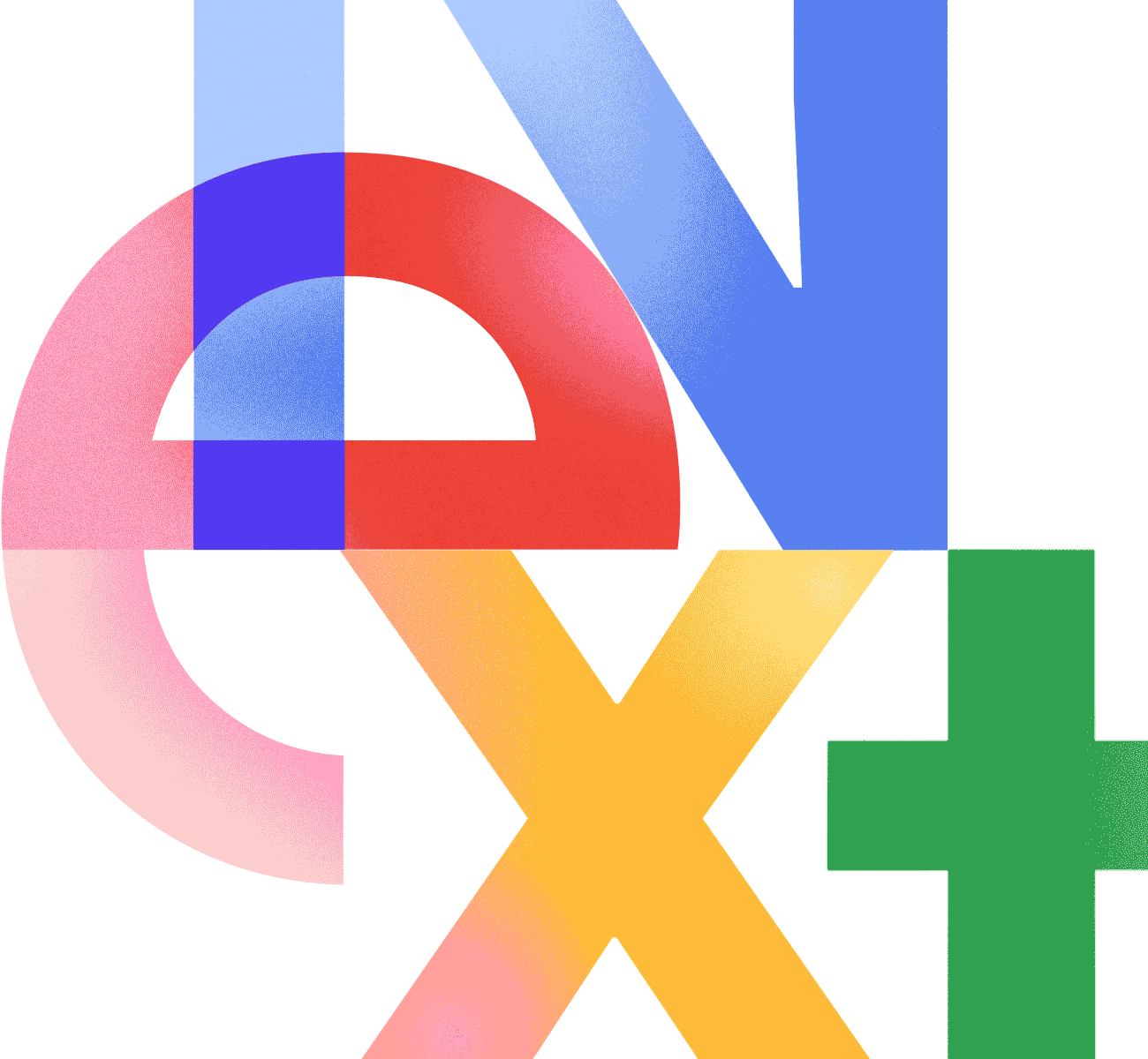 Google Cloud Next logo animated featuring stylized letters 'NEXT' in a fractured layout, with each letter in a different color and texture against a white background.