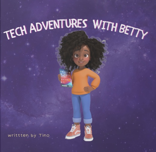 A digital illustration of someone holding a tablet, with the title 'TECH ADVENTURES WITH BETTY' against a starry purple background.