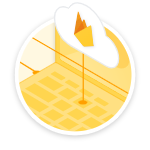 Digital icon featuring a circular graphic on a gray background. Inside the circle, there is a yellow floor plan with a grid pattern and a stylized white cloud shape with an orange peak.