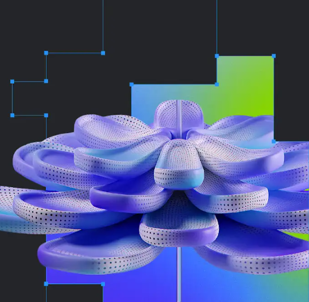 Digital image featuring a 3D rendered, stylized flower with layered petals in shades of blue and purple, against a dark background with abstract blue lines and a gradient square.