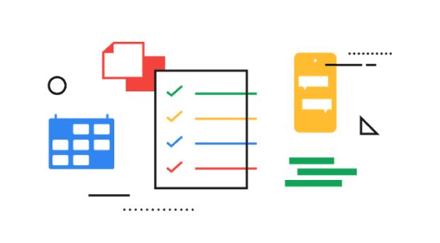 An abstract illustration with different assets that relate to Project Management: a calendar, a checklist, a conversation chat, notes, etc. 