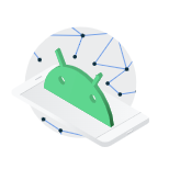 スマートフォンの上には、モバイル接続を象徴する Android ロゴが置かれている。鮮やかな背景には、相互接続された線と図形が描かれており、