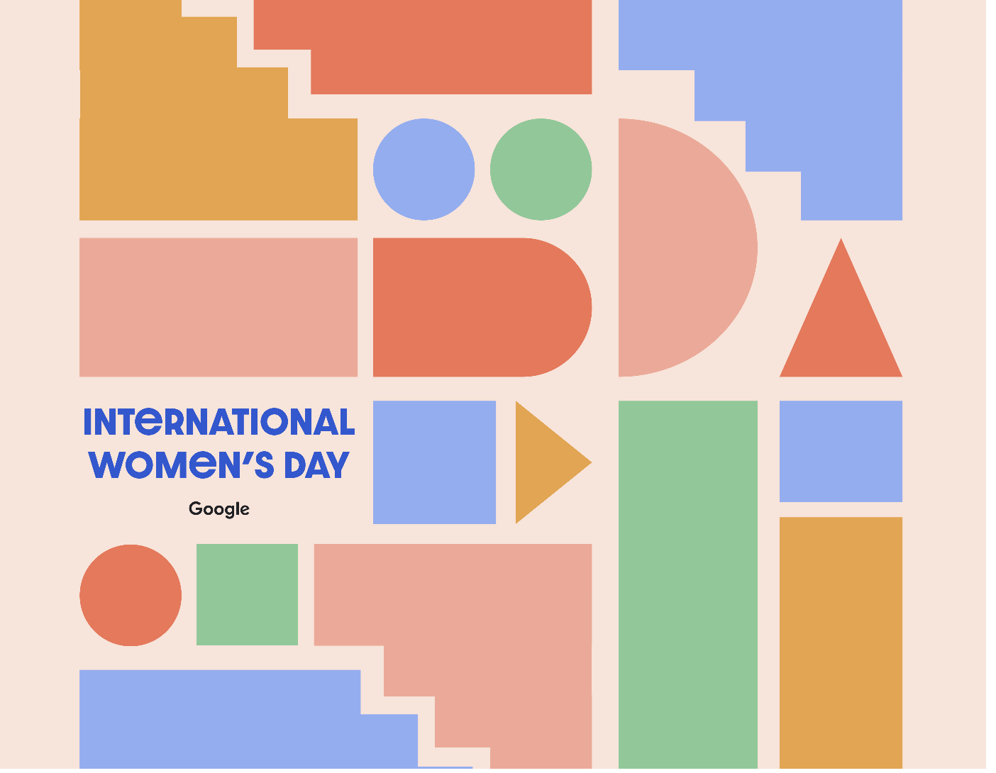 Um banner vibrante do Dia Internacional da Mulher é repleto de cores e cercado por formas geométricas divertidas que comemoram a diversidade e a inclusão.