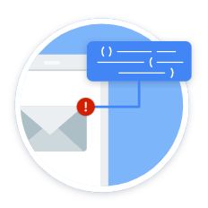 Un distintivo muestra una pantalla con una alerta por correo electrónico. Un signo de exclamación rojo advierte sobre un posible problema, y una flecha destaca una parte específica del mensaje.