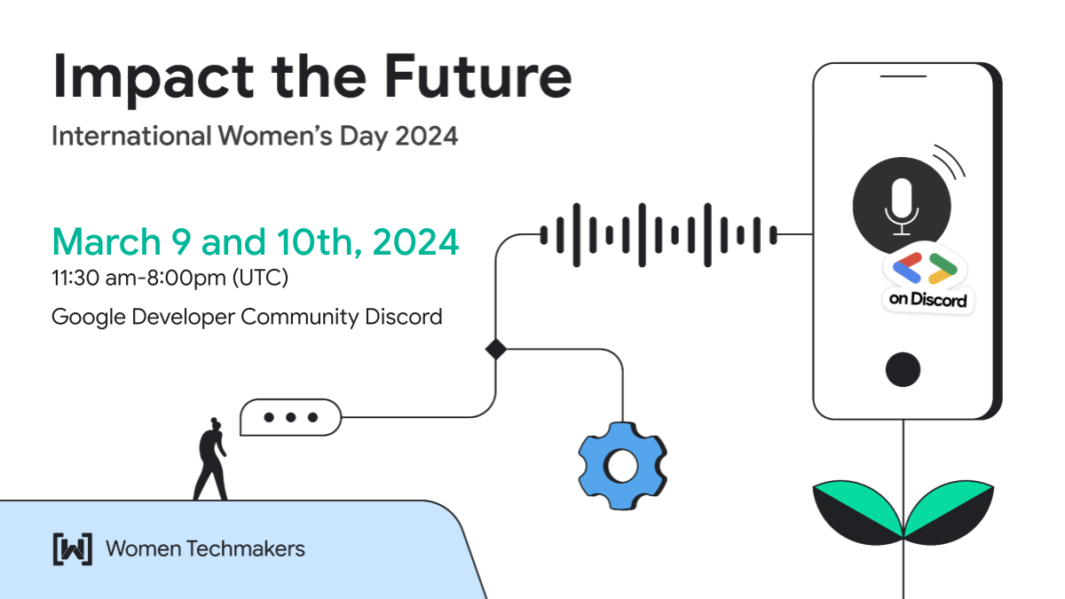 Баннер мероприятия «Влияние на будущее: Международный женский день 2024 года» с датой, временем и иллюстрацией мобильного телефона с микрофоном и логотипом разработчиков Google.