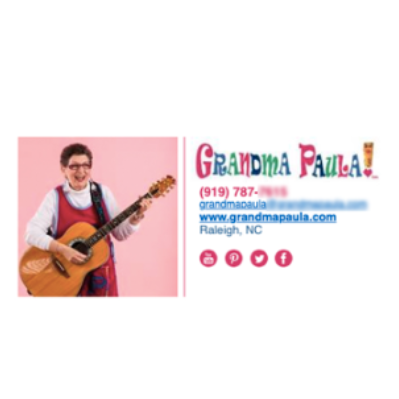 Image of a funny signature that includes a woman playing the ukulele. The signature also includes the woman's contact information and social media handles.  The signature is a good example of how to use humor and creativity to make a signature stand out. 