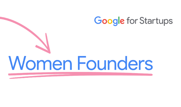 Gambar latar belakang putih dengan teks &#39;Women Founders&#39; dan logo Google for Startups.