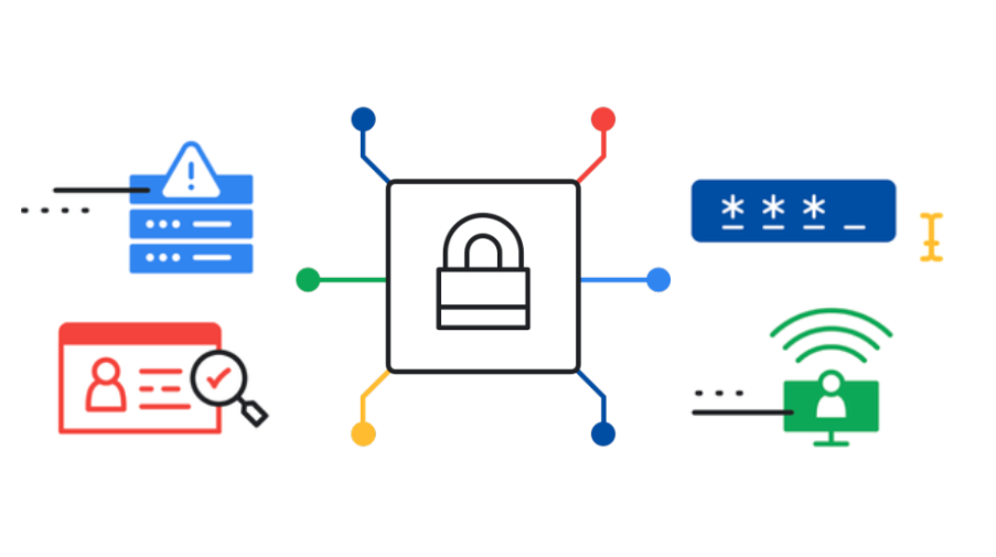 Image of an abstract illustration depicting the components of Google Cybersecurity. The illustration includes images of ID verification, security alerts, passwords, and WiFi.  The tone of the illustration is informative and educational.