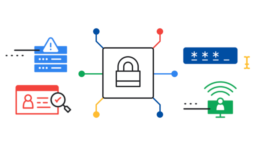 Imagen de una ilustración abstracta que representa los componentes de la seguridad cibernética de Google. La ilustración incluye imágenes de verificación de ID, alertas de seguridad, contraseñas y Wi-Fi.  El tono de la ilustración es informativo y educativo.