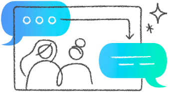 Abstract illustration of two women talking to each other. The women are drawn in a hand-style and have conversation bubbles around them in the blue and green colors of the Women Techmakers branding. 