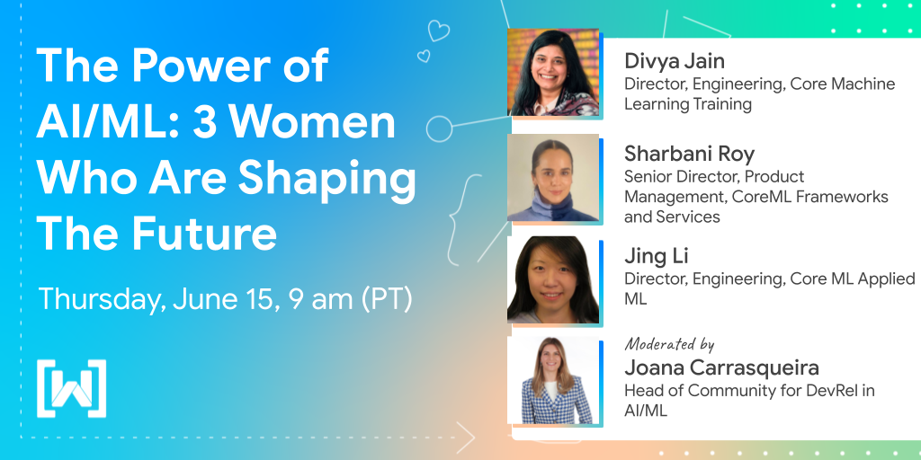 Image of a flyer for a past event titled 'The Power of AI/ML: 3 women who are shaping the future'. The flyer features the speakers' photos and titles. The WTM logo is in the left side corner. 