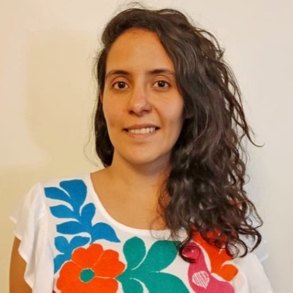 Una mujer mexicana sonriente de piel marrón claro y cabello rizado lleva una blusa colorida bordada.