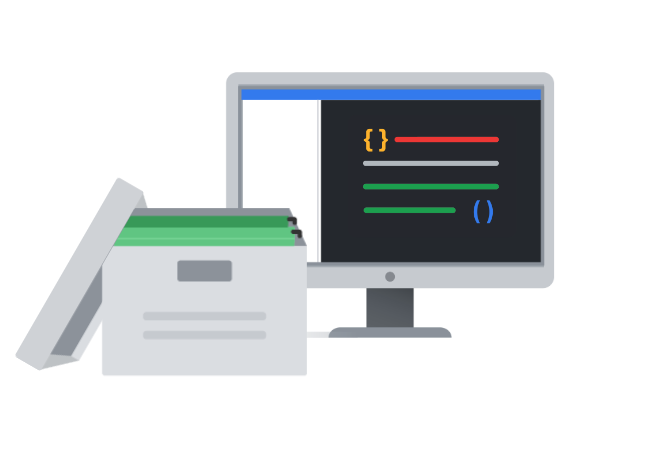 Il monitor di un computer che mostra codice con parentesi graffe e parentesi. Accanto al monitor c&#39;è una casella con dei file etichettati con dei numeri.