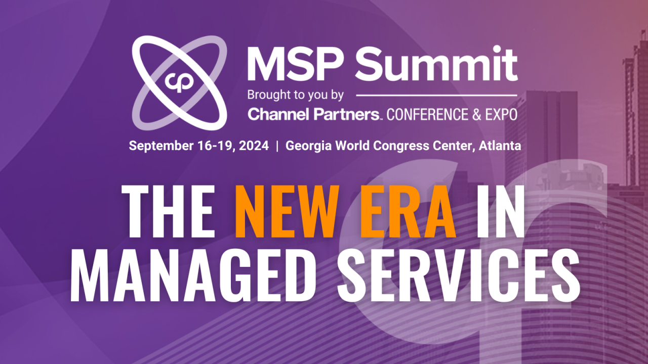 Um banner roxo com texto branco. O texto diz &quot;MSP Summit&quot;, &quot;Oferecido pelos parceiros de canal. CONFERÊNCIAS E EXPO&quot;, &#39;16 a 19 de setembro de 2024 | Georgia World Congress Center, Atlanta&quot;, e &quot;A NOVA ERA DOS SERVIÇOS GERENCIADOS&quot;. Há um logotipo branco com uma engrenagem no canto superior esquerdo e uma paisagem urbana no fundo.