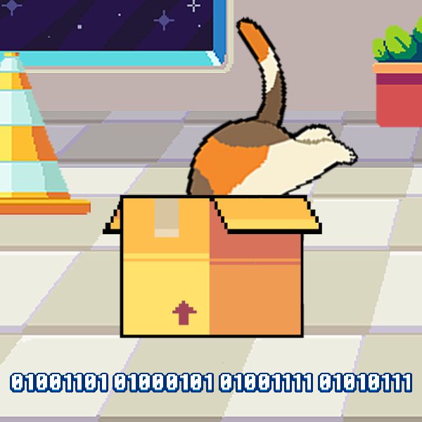 Imagen pixelada de un gato asomando la cabeza de una caja de cartón. La caja tiene una flecha hacia arriba. El fondo es una escena simple y colorida con una ventana, una planta en maceta y un cono de tráfico. En la parte inferior de la imagen, se puede ver una cadena de código binario.