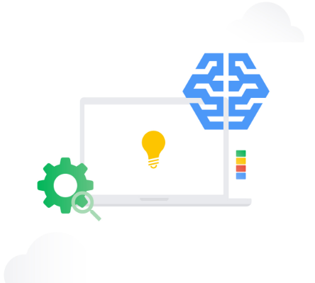 Una laptop abierta con una bombilla adentro, un cerebro a la derecha y un engranaje y una lupa a la izquierda, todo sobre un fondo nublado. La imagen representa el concepto de inteligencia artificial y aprendizaje automático, y la laptop simboliza la tecnología, el cerebro representa la inteligencia, el equipo representa la solución de problemas y la eficiencia, y la bombilla representa las nuevas ideas y la innovación.