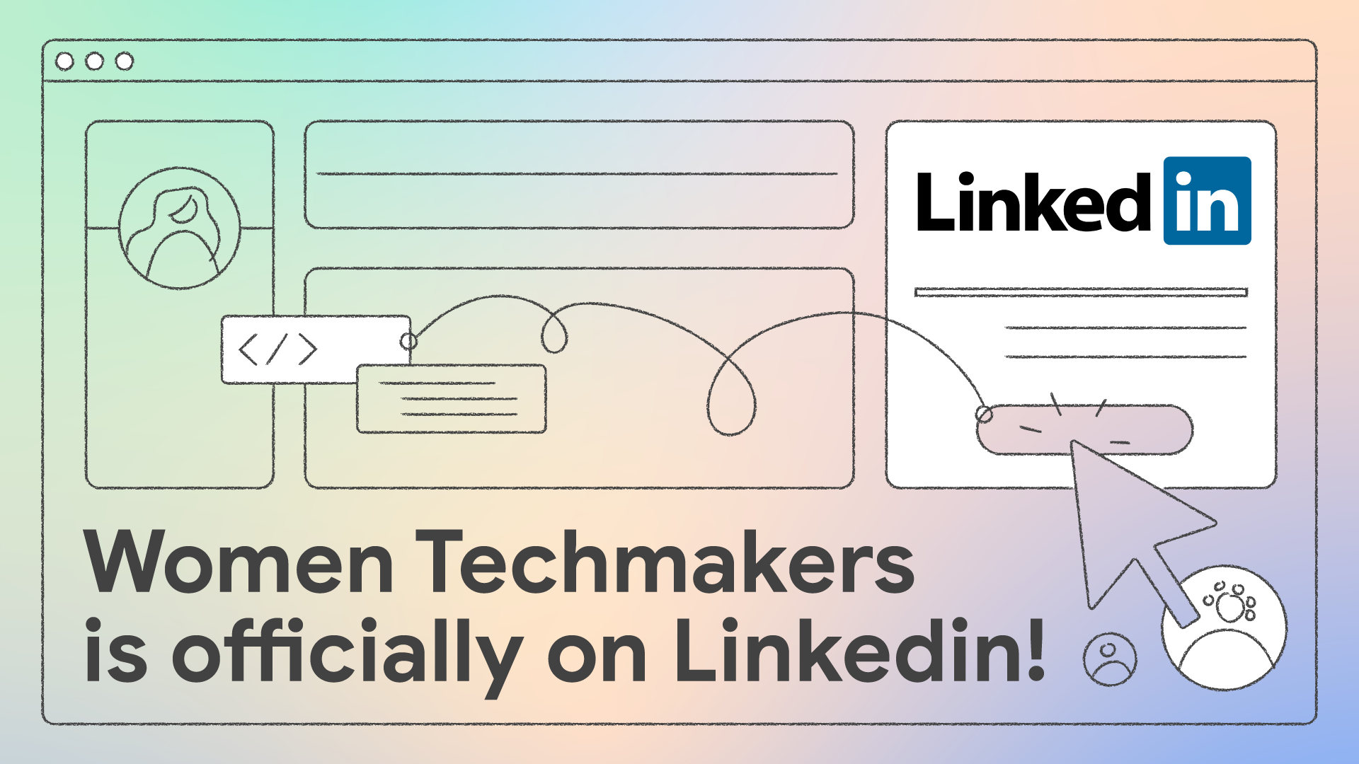 Women Techmakers가 공식적으로 LinkedIn에 가입했다는 텍스트가 있는 LinkedIn 삽화