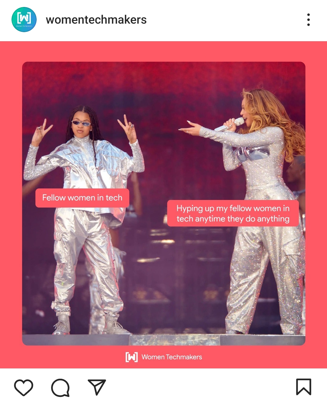 A meme featuring Blue Ivy Carter on the right with the text 'Fellow women in tech' on the right, and Beyonce on the left hand side pointing at her with the text: 'Hyping up my fellow women in tech anytime they do anything'.
