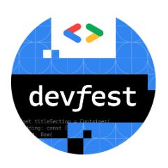Badge DevFest lingkaran biru dengan logo Google for Developers di bagian atas