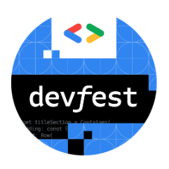 Um selo azul do DevFest com o logotipo do Google for Developers na parte de cima