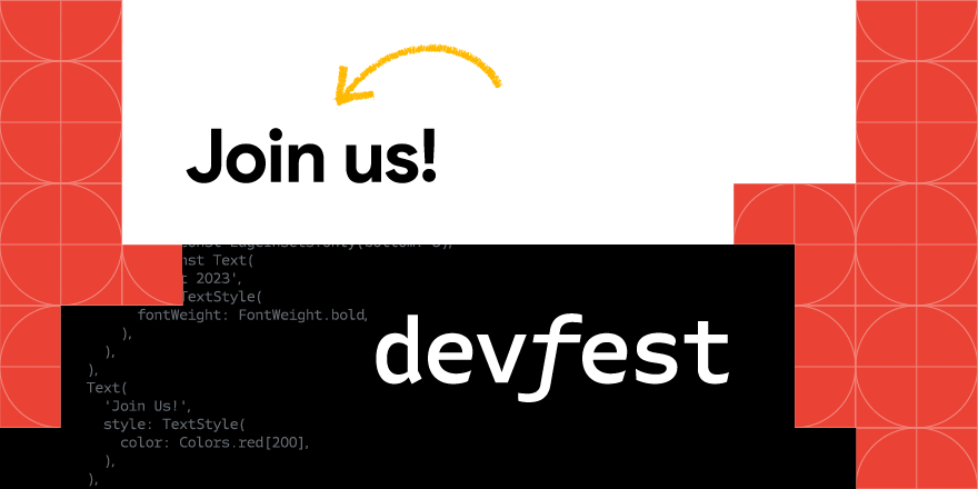 GIF animado del logotipo de DevFest con ilustraciones y formas geométricas coloridas.