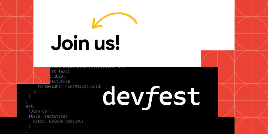 다채로운 기하학적 모양과 삽화가 그려진 DevFest 로고 애니메이션 GIF입니다.