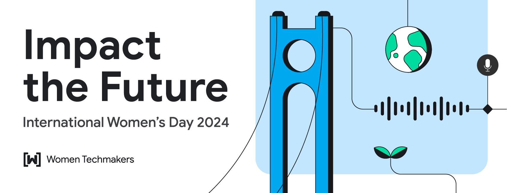 日付と WTM のロゴの上に「Impact the future」という活気のある国際女性デーのバナー。右側のカラフルなイラストは、さまざまな物体によるつながりを表しています。