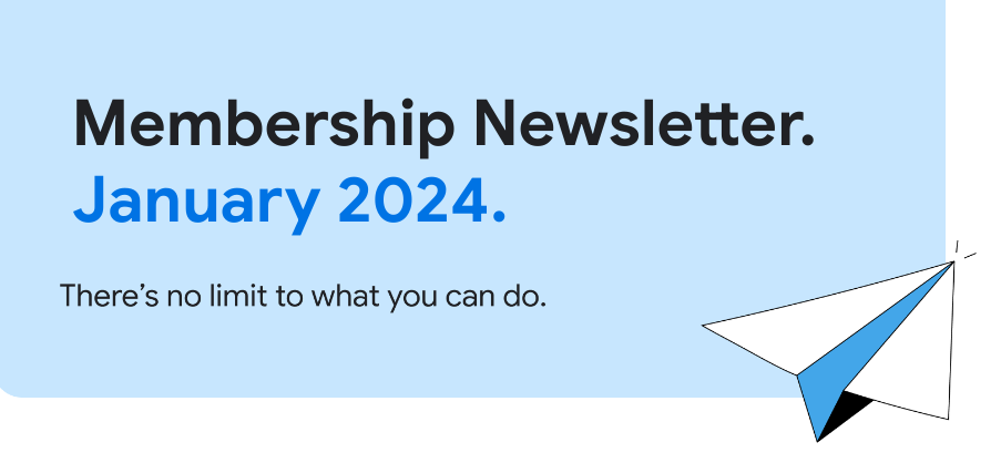 Um banner azul claro com o texto &quot;Newsletter para assinantes&quot; em fonte azul claro e uma ilustração de um avião de papel à direita. O banner também tem o texto &quot;Não há limites para o que você pode fazer&quot; e o mês de distribuição.