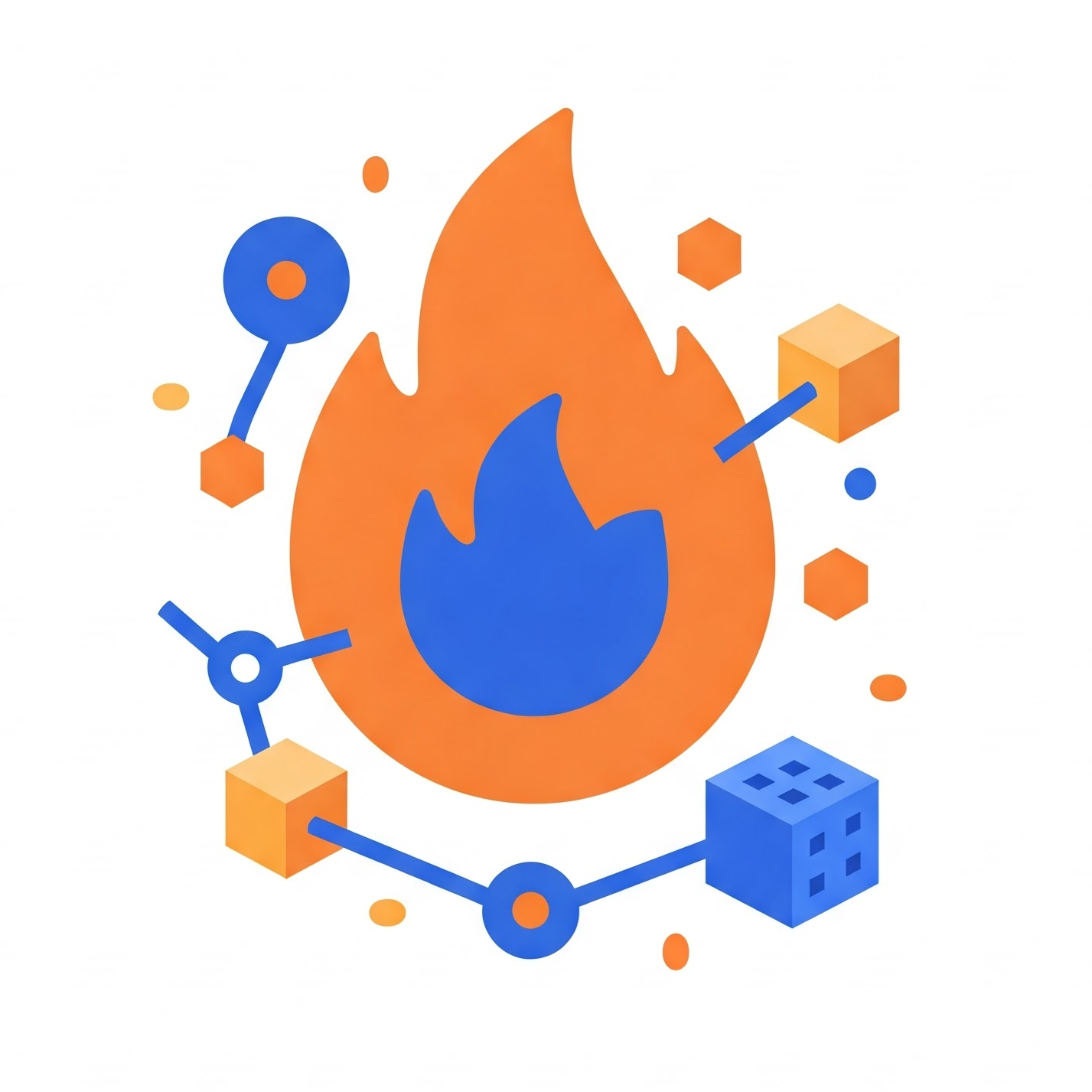 Una insignia vibrante con un estilo de caricatura, que incluye una llama estilizada entrelazada con datos interconectados y elementos básicos. El texto &quot;Crea con Firebase Data Connect&quot; se muestra de forma destacada en una fuente moderna y clara.