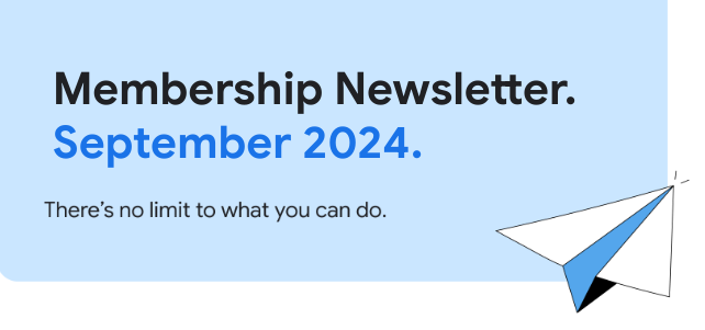 Um banner azul-claro com o texto &quot;Membership Newsletter&quot; em fonte azul-claro e uma ilustração de um avião de papel à direita. O banner também tem o texto &quot;Não há limite para o que você pode fazer&quot; e o mês de distribuição.