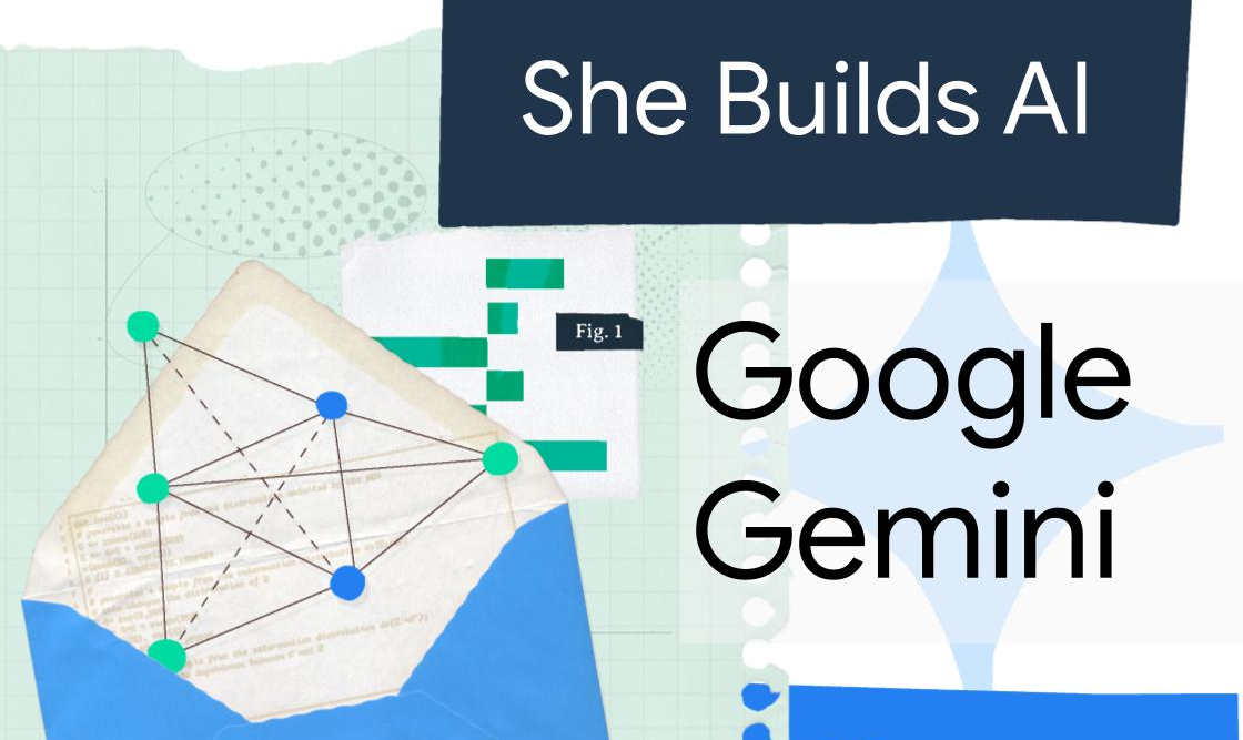 A blue envelope with green lines connecting dots inside sits on a piece of crumpled paper. The words 'She Builds AI' appear in a dark blue banner above, and 'Google Gemini' is written in large white letters below.